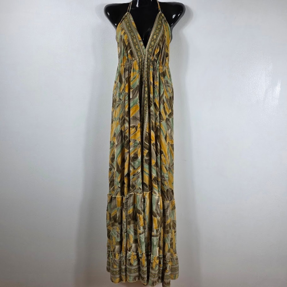 Silk/ Viscos Maxi Dress Women S-XL Gold Boho Halter Tiered Geometric - Picture 3 of 8